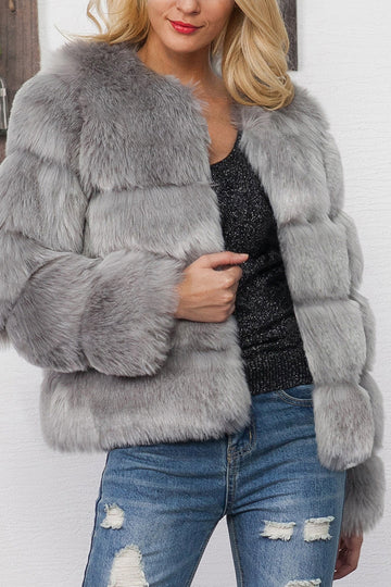 Grey Shawl Lapel Beskåret Kvinner Faux Fur Coat
